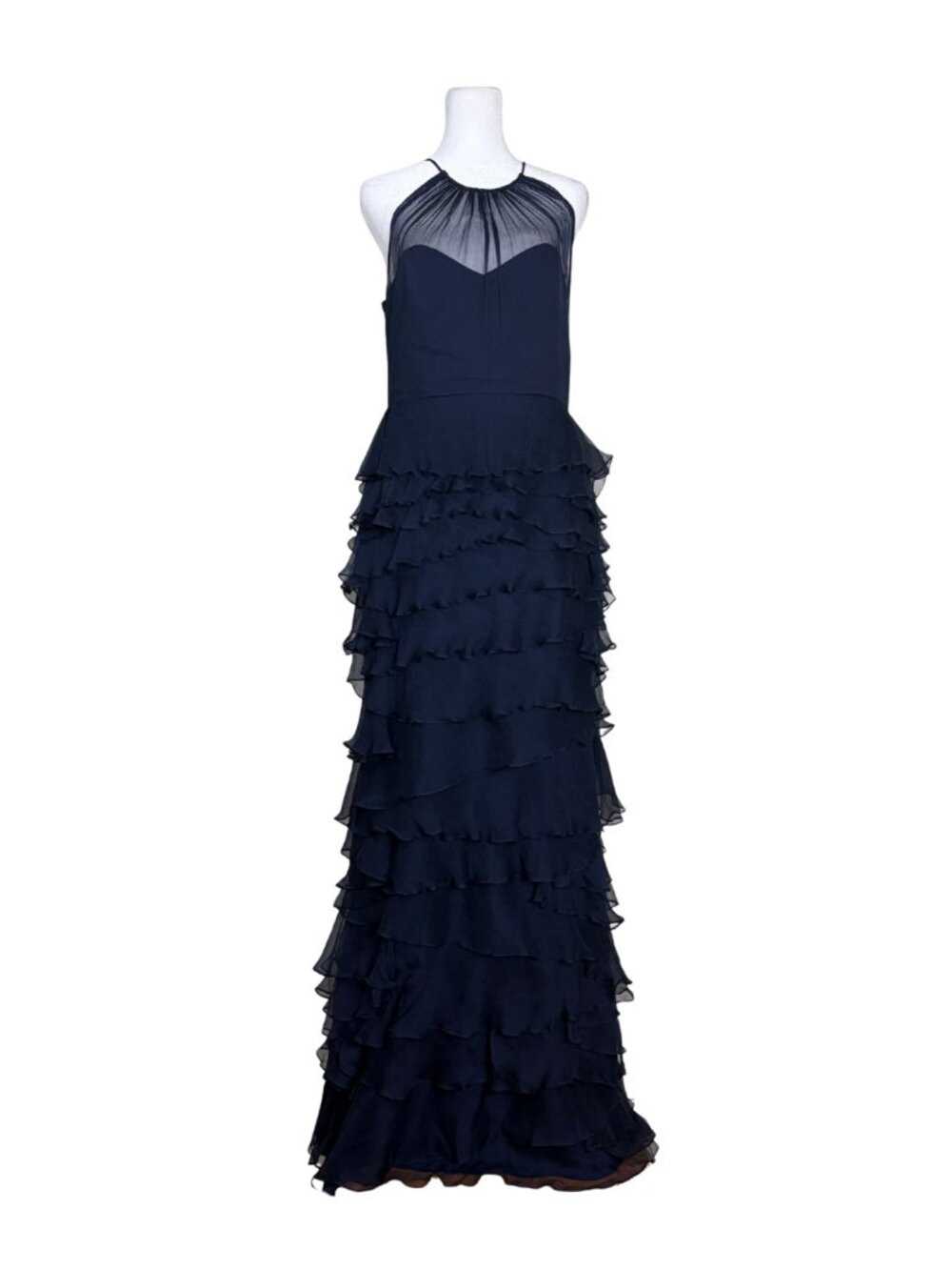 Badgley Mischka Size 8 Navy Chiffon Ruffle Evening Gown